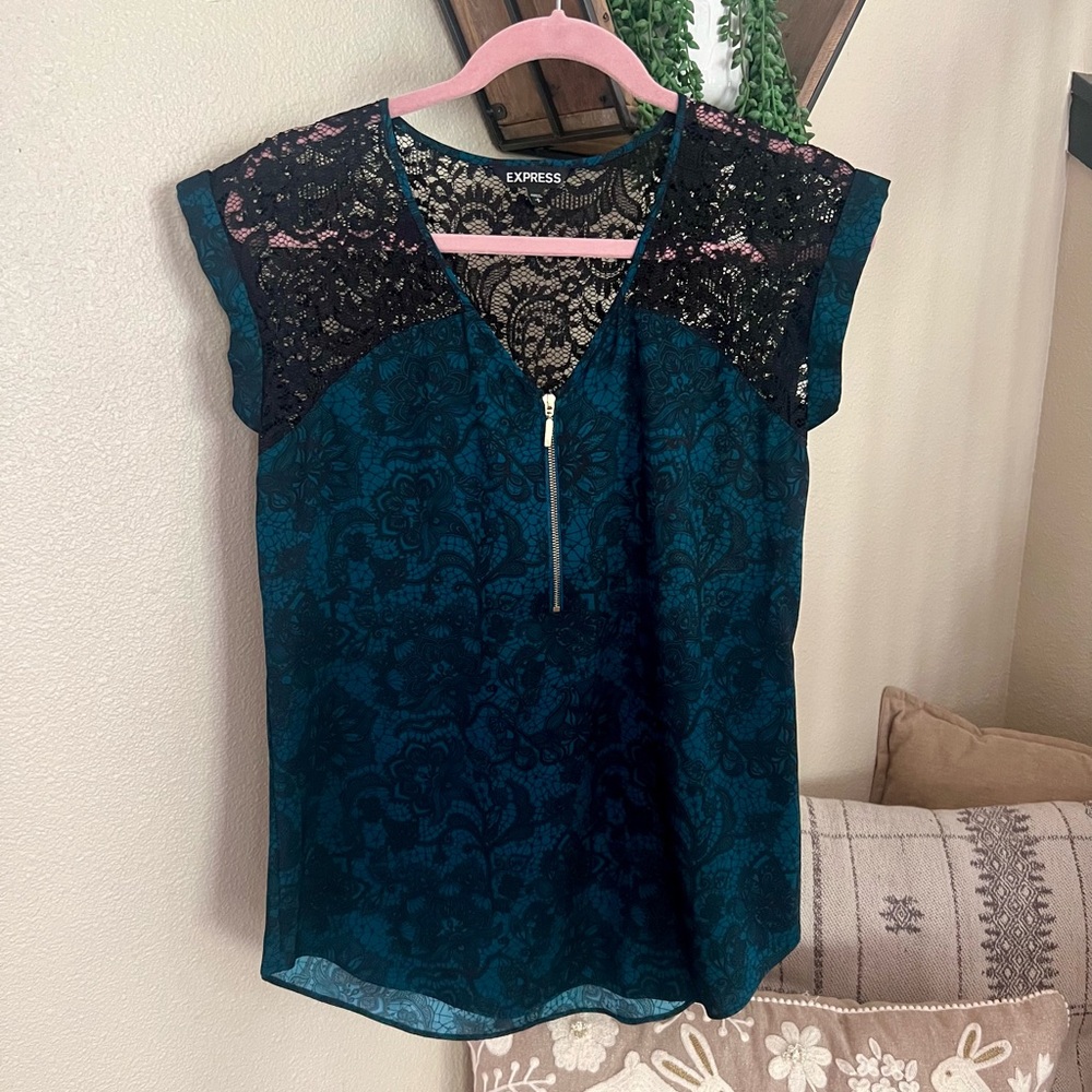 Express Teal Lace-Accent Zip Front Women’s Top